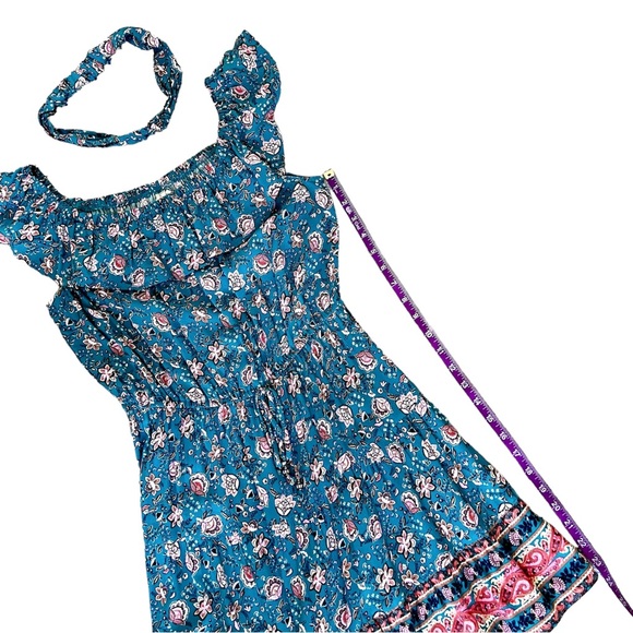 BeBop Like-new Blue Floral SunDress Elastic Ruffle Off Shoulder Mini Size M - Picture 8 of 11